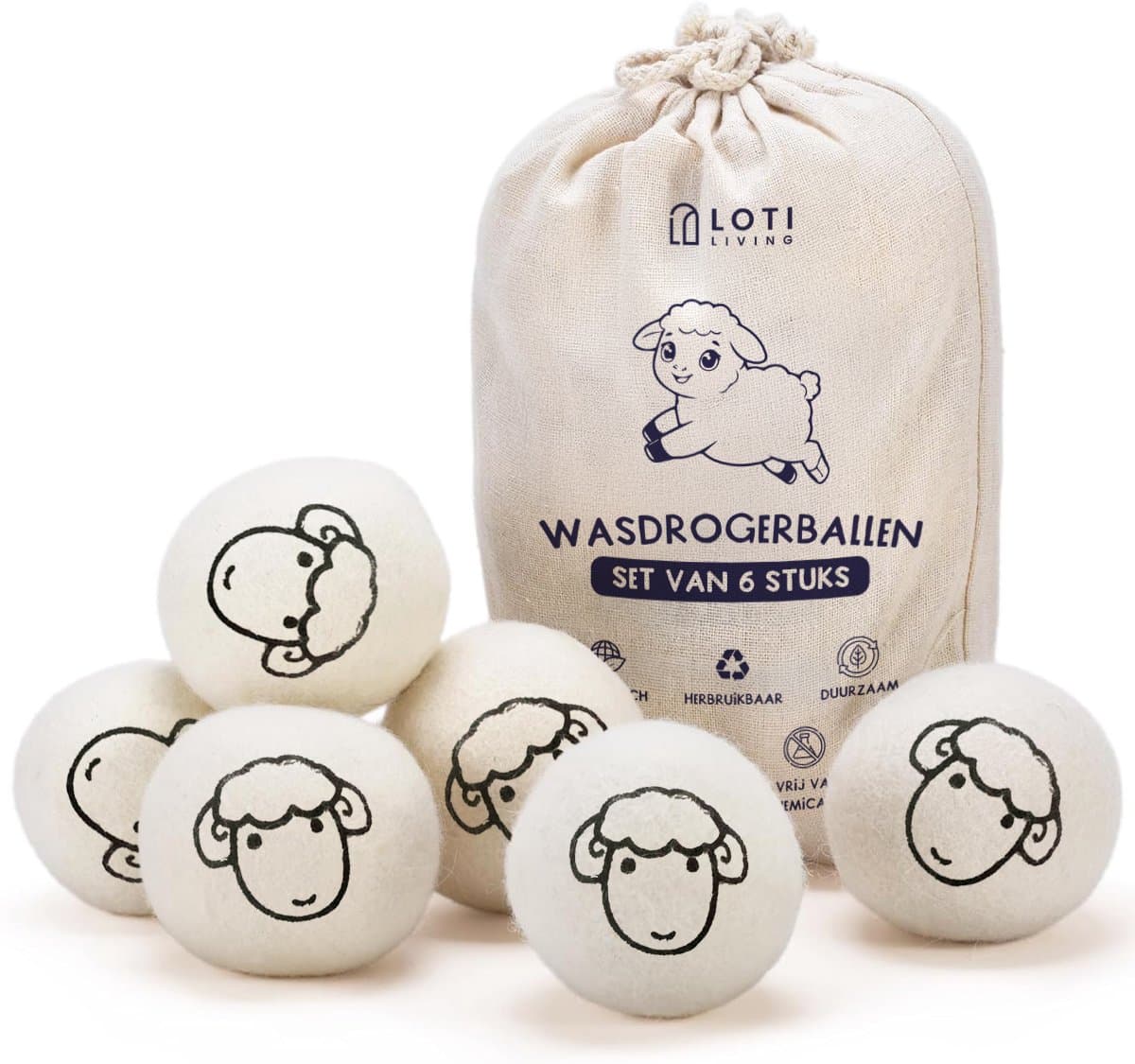 Loti Living Drogerballen Schaapjes - 6 Wasdrogerballen - 100% Schapenwol - Droogballen met Opbergzak — afbeelding 1