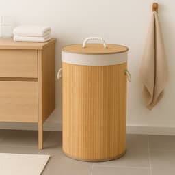 Bamboe Wasmand met Deksel – 54 Liter – Ø35 x 57 cm – Opvouwbare Wasmand met Touw Handvatten – Ademend & Duurzaam– Wasbaar – Bruin — thumbnail 3