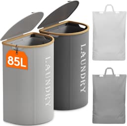 2-delige Wasmandenset - Met Deksel - 170 Liter - Grijs en Zilvergrijs — thumbnail 1
