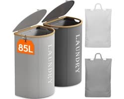 2-delige Wasmandenset - Met Deksel - 170 Liter - Grijs en Zilvergrijs