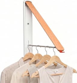 PolkaHome Opvouwbaar Wanddroogrek - Inklapbaar Muurwasrek met Houten Arm en Roestvrijstalen Hangerstang - Ruimtebesparend voor Wasruimte, Badkamer en Balkon — thumbnail 1