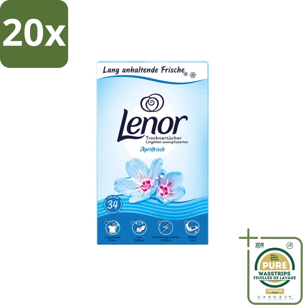 20 x Lenor - Droogtrommeldoekjes - Aprilfris - Textielverfrisser - 34 Doekjes - Wasstrips - Droogtrommeldoekjes - Wasdoekjes - Textielverfrisser - Frisheid - Statische Elektriciteit — afbeelding 1