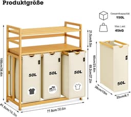 Wasmand 150L met 3 Vakken - Bamboe Wassorteerder met 3 Uitneembare Waszakken en 2 Opbergplanken - Uittrekbaar en Ademend - Voor Badkamer, Wasruimte en Slaapkamer - Beige — thumbnail 2