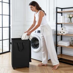 Wasmand met deksel en wielen 55L - Opvouwbare dunne wasmachine oxford doek opbergmand met lange handgreep, geschikt voor slaapkamer, badkamer, wasruimte (Zwart) — thumbnail 3