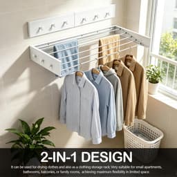 Waslijn Van 80 Cm Voor Wandmontage Met 6 Haken Aluminium Waslijn Voor Balkon Badkamer Of Radiator Onzichtbaar En Ruimtebesparend Draagvermogen Tot 30 Kg wit — thumbnail 2