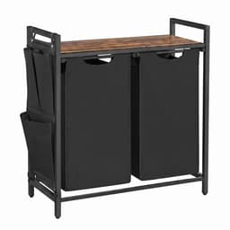 Wasmand Wasgoedmand 71,3 x 33 x 72 cm Zwart 2 vakken van 46 L Met uittrekbare en afneembare binnenzakken, zijvak en roosterplank Stevig metalen frame Gemakkelijk te monteren en reinigen Geschikt voor wasruimte, badkamer en slaapkamer — thumbnail 1