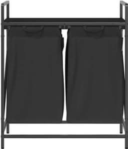Wasmand – Laundry Basket – Wasbox – Wascontainer – Wasrek – 2 Compartimenten – Stevig Stalen Frame met Houtlook Opbergrek — thumbnail 2