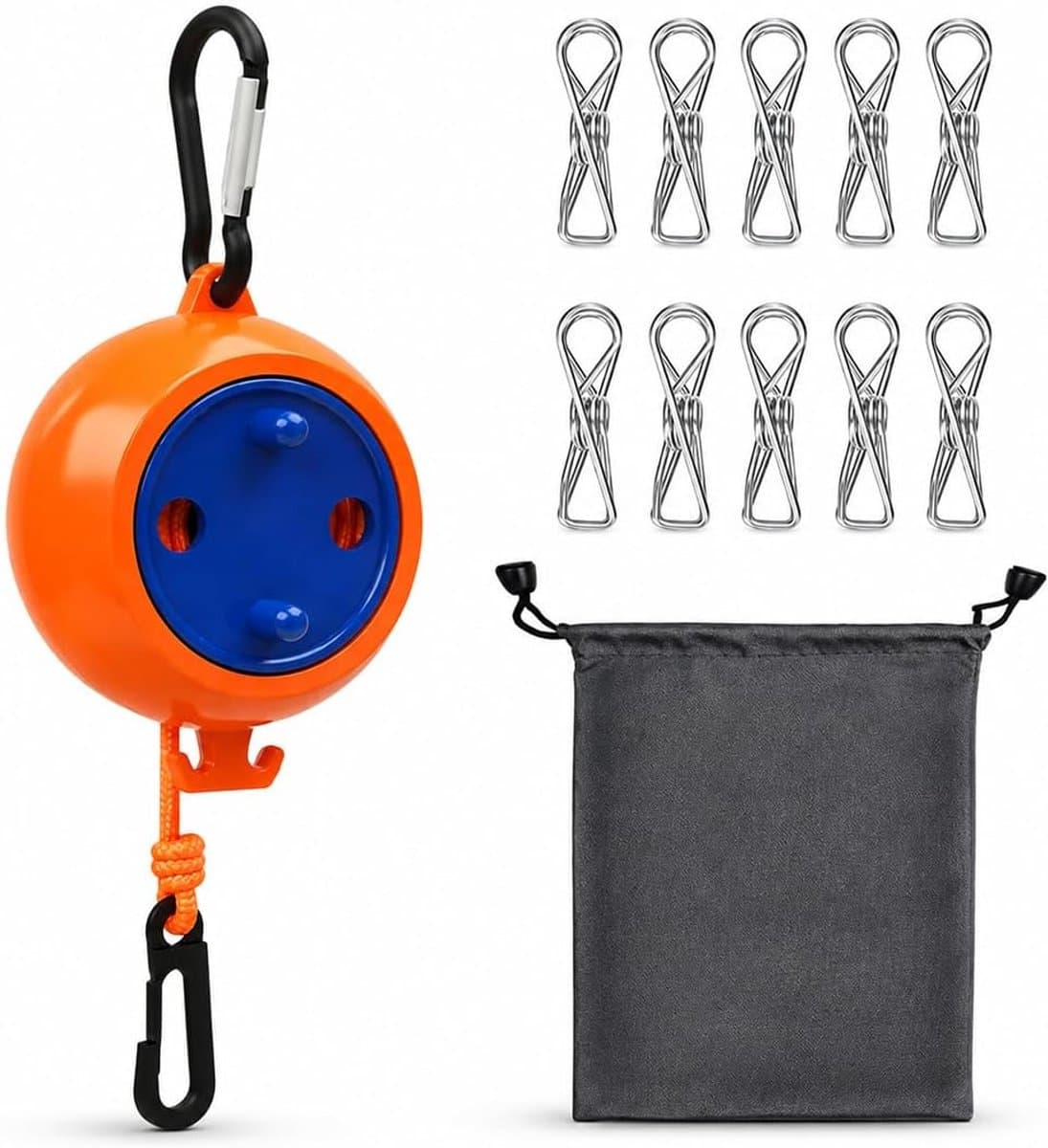 1 x uittrekbare 10 m waslijn, camping, met 10 wasknijpers en 1 opbergtas, oprolbaar, robuust, knoopvrij, ideaal voor buiten, tuin, balkon en camper (oranje) — afbeelding 1