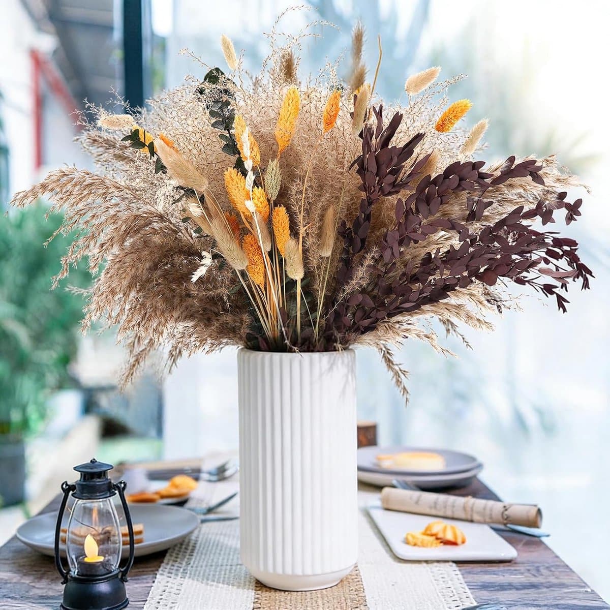 66 stuks pampasgras decoratie droge bohemien tafeldecoratie, Bunny-Tails-droogbloemen, bruin en oranje edelsteen gras voor bruiloften, rustieke feestjes en pampasgras, bloemen, kunst- en — afbeelding 1