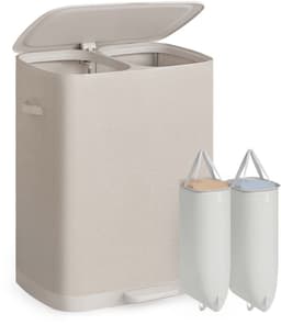 Wasmand Opvouwbare wasmand voor vuile was Grote inhoud van 160 liter Twee gescheiden vakken+afneembare waszakken+deksel tegen geurtjes en handvat aan de onderkant Stevig frame Waterafstotend en gemakkelijk te reinigen 56 x 47 x 75 cm Beige — thumbnail 4
