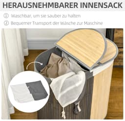 Wasmand - 100 liter - Deksel met handvat - 2 secties - Verwijderbare waszak - Voor de slaapkamer - Bamboe - Grijs en naturel — thumbnail 5