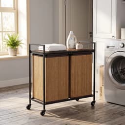 Bamboe wasmand - 2 vakken - 120 liter - Met plank - Waszak - Oprolbaar - 73 x 33 x 78 cm - Bruin — thumbnail 4