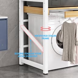 Livista Wasmachinerek - Wasmachine kast - Badkamerrek – Ruimtebesparende Wasmachine Organizer – Stalen Frame – 3 Hoogtestanden – Water-, Kras- en Hittebestendig Werkblad – Antislip Voetjes – Uitschuifbare Hangstang - 200 kg Draagvermogen - Wit/Hout — thumbnail 4