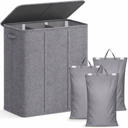 Wasmand 160L – 3 Vakken Wassorteerder – 3 Uitneembare Waszakken – Met Deksel – Opvouwbaar – Lichtgrijs — thumbnail 1