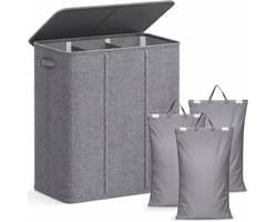 Wasmand 160L – 3 Vakken Wassorteerder – 3 Uitneembare Waszakken – Met Deksel – Opvouwbaar – Lichtgrijs