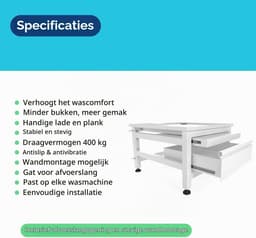 Wasmachine verhoger met lade en plateau - opbouwmeubel - sokkel - 42cm hoog - Wit - Universeel - 65 * 60,5 (LxB) - Inclusief wandbeugels — thumbnail 3