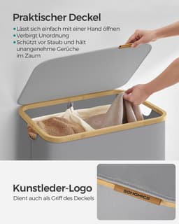 SONGMICS LCB513G01 Wasmand met Deksel, Wasmand met 2 Compartimenten, 130 L, Afneembare Waszak, Oxford Stof, Bamboe Handgrepen, Opvouwbaar, 52 x 38,5 x 70,5 cm, Duif Grijs — thumbnail 5
