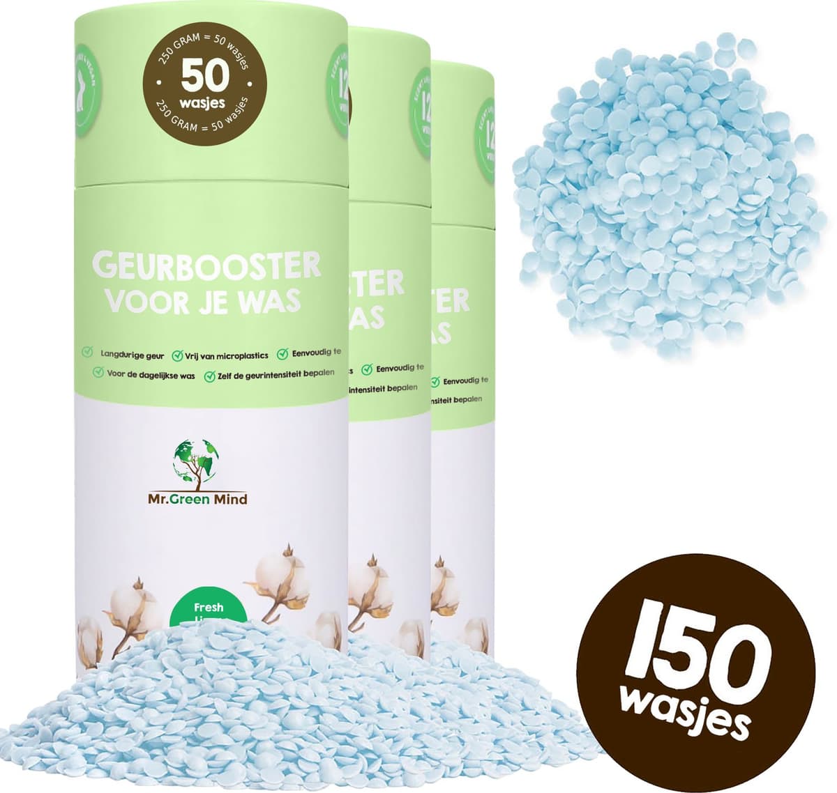 Mr. Green Mind wasparfum Fresh Linen 150 Wasbeurten - Wasparels - Geurbooster - Geurparels - Kledingverfrisser - Proefpakket — afbeelding 1