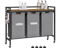 Amolass - Wasmand 3 Vakken - Wassorteerder - Wasmandtafel - Wasmandmeubel op Wielen - 31L per Zak - 96x30x75cm - Uitschuifbaar -