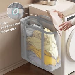 Wasmand - Opvouwbaar - Wasmand van nylon gaas - Met stevig handvat - Grote capaciteit - Kledingopbergdoos - Geschikt voor de wasruimte, badkamer, studentenkamer of op reis - Grijs — thumbnail 2