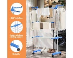 Opvouwbaar 3-Laags Wasdroogrek met Wielen – Zware Metalen Wasdroogtoren met 6 Vaste & 2 Draaibare Vleugels – Ruimtebesparend Kledingrek voor Binnen & Buiten