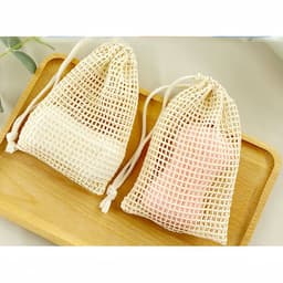 5-delige set - Katoen-linnen schuimende mesh tas - Handgemaakte zeeptas - Badkamer zeeptas met trekkoord - Met kralen - Beige — thumbnail 3