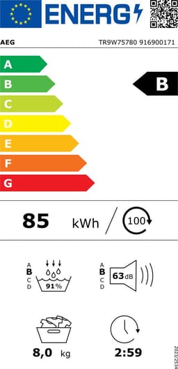 AEG Series 9000 TR9W75780, Vrijstaand, Voorlader, Warmtepomp, Wit, Draaiknop, Touch, Rechts — thumbnail 2