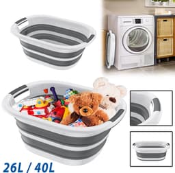 Opvouwbare wasmand, kunststof wasmand. Grijze kunststof opbergbak, wasmand, draagbare wastobbe, witte wasmanden met handgreep voor wasruimte en badkamer - 26L - 53x38x23cm — thumbnail 1
