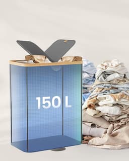 SONGMICS - Wasmand met 2 compartimenten - wasverzamelaar - 150 liter - hoogte 75 cm - wassorteerder met deksel, waszak, uitneembare waszakken - grijs — thumbnail 2