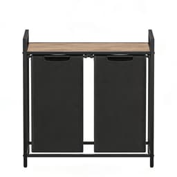 Dubbele wasmand opbergmand vuilewasmand 73×33×72 cm naturel+zwart met streepjes-opbergrek en uittrekbare afneembare binnenzak stevig metalen frame verstelbare poten multifunctioneel kledingorganizer geschikt voor wasruimte badkamer en slaapkamer — thumbnail 1