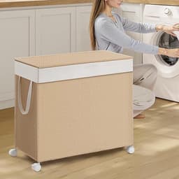 Drie-vaks grote wasmand, opbergmand, vuilewasmand 66,5×37,5×65 cm naturel, rotan-design, met deksel en afneembare binnenzak, wielen met rem, 140L grote capaciteit, voor huishoudelijk gebruik — thumbnail 3