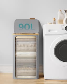 SONGMICS - Wasmand met deksel - 90L wasmand - Oxfordstof en bamboe handgrepen - opvouwbaar - 42 x 32 x 70,5 cm - grijs — thumbnail 2