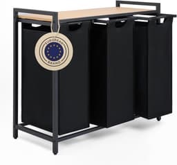 Blumtal laundry basket with 3 compartments – Metal frame in black – Bamboo look shelf – On legs – Wassorter/trash can — thumbnail 1