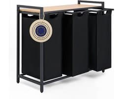 Blumtal laundry basket with 3 compartments – Metal frame in black – Bamboo look shelf – On legs – Wassorter/trash can