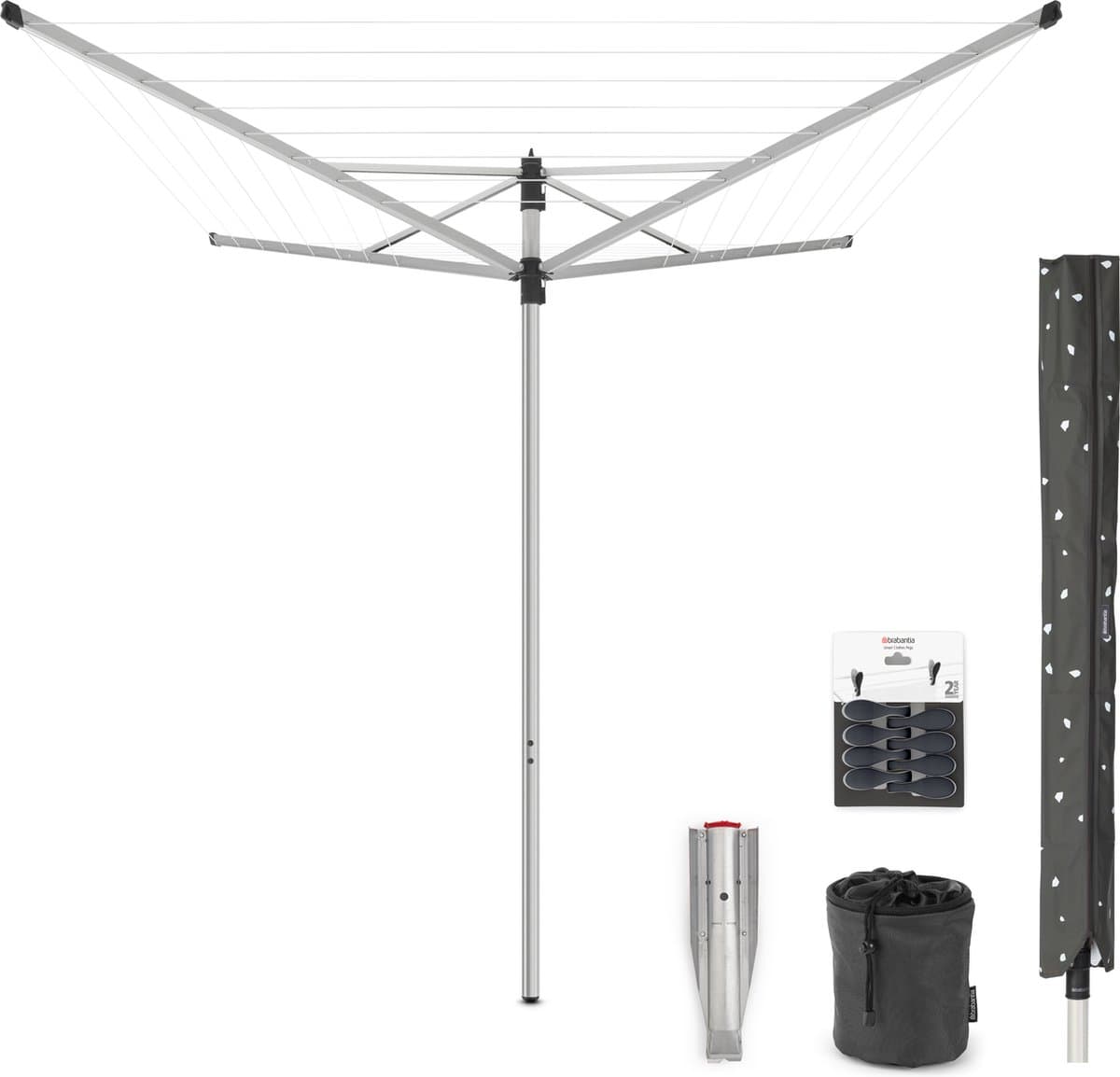 Brabantia Lift-O-Matic Droogmolen - 40 m - met Metalen Grondanker - Beschermhoes - Wasknijpertasje en Wasknijpers - Metallic Grey — afbeelding 1