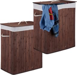 2x wasmand 2 vakken - bamboe wasbox - 95 liter - opvouwbaar - met deksel — thumbnail 4