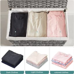 wasmand met de hand gevlochten, waszak met deksel, met 3 vakken, opvouwbaar, met wielen, van polyrotan, handgrepen, katoenen waszak in de machine wasbaar, natuurlijke kleuren LCB363G01 — thumbnail 2