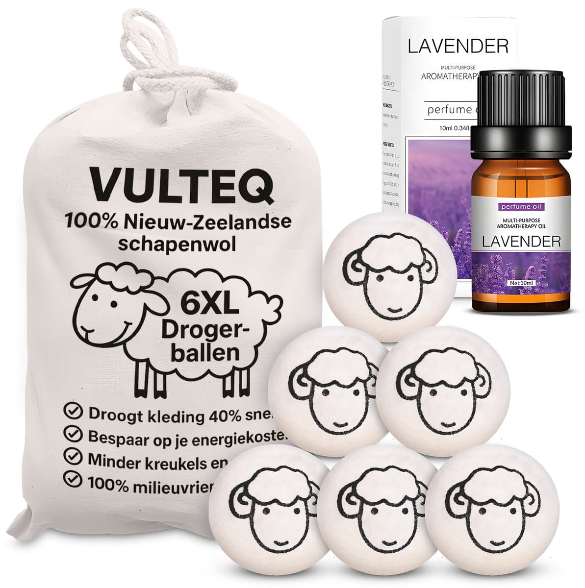 Vulteq® Wollen Drogerballen XL (6 stuks) + 100% Lavendelolie - Wasdrogerballen voor Zachtere Was & Sneller Drogen - Minder kreukels — afbeelding 1