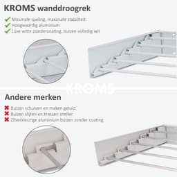 KROMS Full Color Wit 120cm Wanddroogrek - 8,4m Drooglengte - Incl. Boormal - Droogrek Inklapbaar - Wasrek Hangend - Uitklapbaar - Muur - Ophangbaar — thumbnail 4