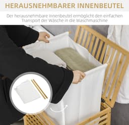 Pugsdrly Wasmand van bamboe, uitneembare waszak, waterbestendig, naturel + beige — thumbnail 4