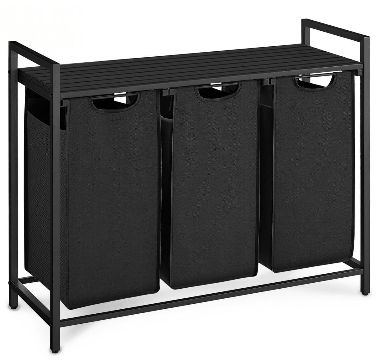 O'DADDY® Wasmand 3 vakken – wassorteerder - wasmanden - wasbox - wasmand zwart - wasmand - wasmanden zwart - 114 liter - 3 zakken - uitschuifbaar met plank - 92.5 x 33 x 71 cm — afbeelding 1