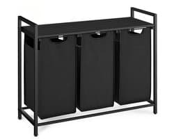O'DADDY® Wasmand 3 vakken – wassorteerder - wasmanden - wasbox - wasmand zwart - wasmand - wasmanden zwart - 114 liter - 3 zakken - uitschuifbaar met plank - 92.5 x 33 x 71 cm