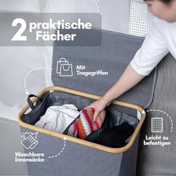 Wasmand met Deksel en 2 Vakken - 100L Grijs - Smal & Hoog - Wasverzamelaar met Bamboeframe — thumbnail 2