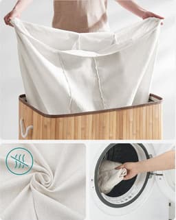 Wasmand, 150L, wasbox met deksel, wassorteermachine, van bamboe, met handvatten, 3 compartimenten, opvouwbaar, katoen, waszak machinewasbaar, wasruimte, Natuurlijke kleur bamboe, LCB091N01 — thumbnail 4