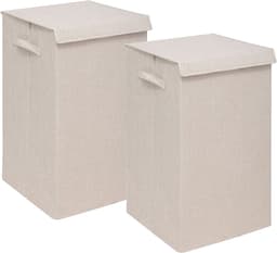 5Five Eureka sorteer wasmand - 2x - 74 liter - beige - 37 x 37 x 60 cm - MDF/Polyester stof - met afsluitklep — thumbnail 1