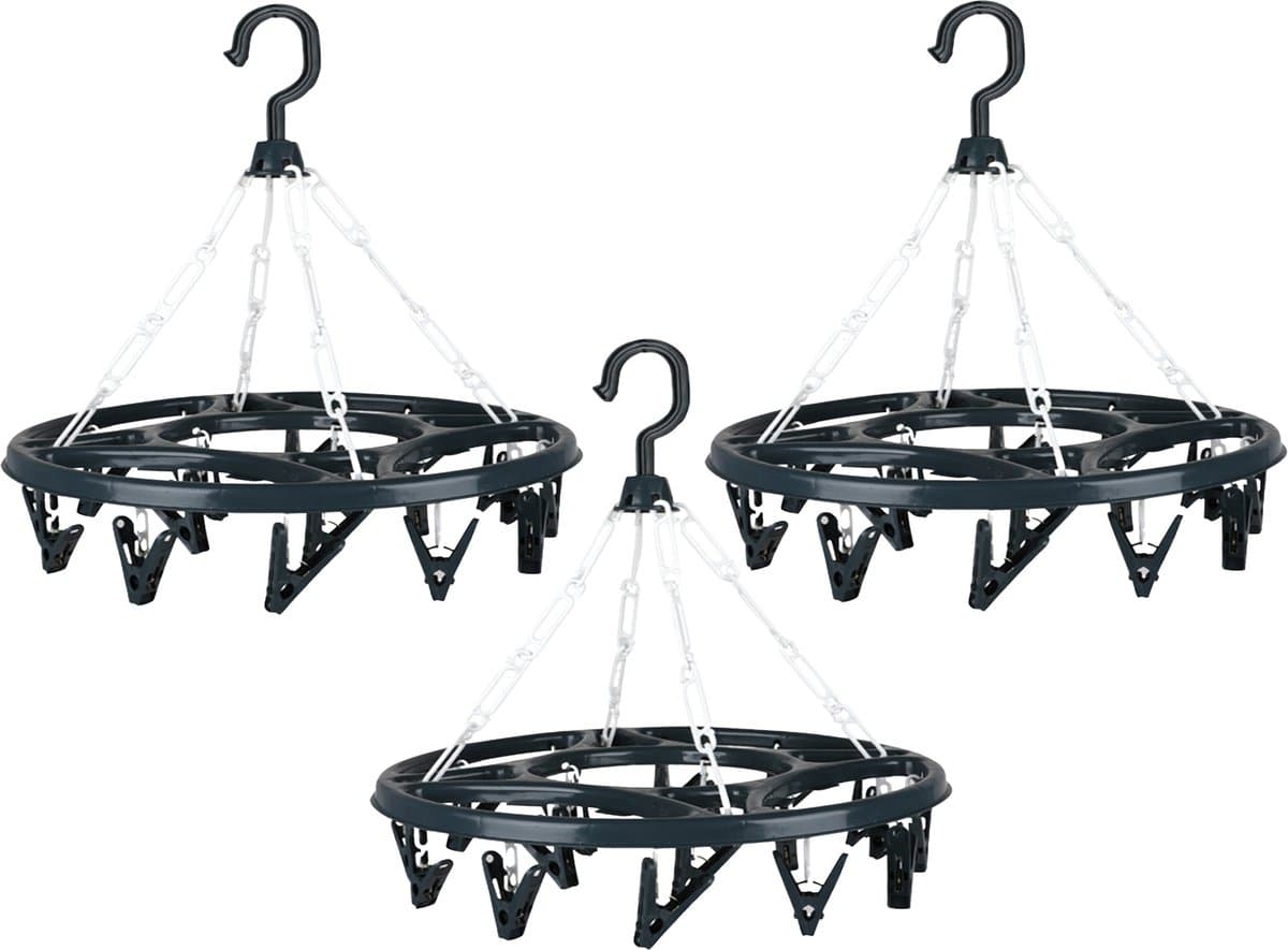 Urban Living Wasgoed droogcarrousel/droogmolen - 3x - 18 clips/knijpers - antraciet - kunststof - 32 cm — afbeelding 1