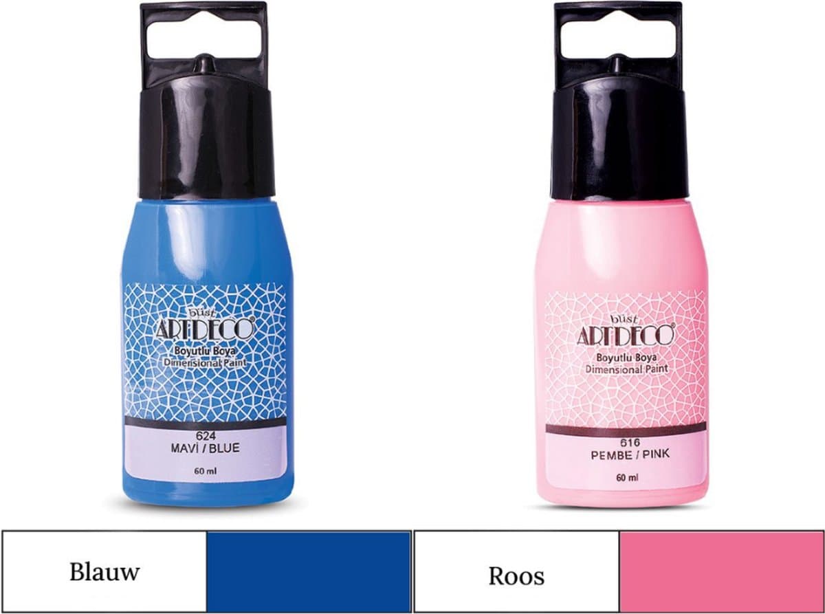 Artdeco 3D Dimensionale Verf Set – 2x50 ml – Blauw & Roze – Geschikt voor Stof, Glas, Keramiek, Karton, Metaal, Papier & Steen – 3D Liner Textuur- en Reliëfschilderen Dimensional Paint — afbeelding 1