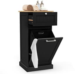 COSTWAY Waskast met wasmand, wasverzamelaar met lade, tafelblad van bamboe, badkamerkast, badkamerkast voor badkamer, bijkeuken, 40 x 37 x 82 cm (zwart) — thumbnail 1