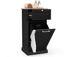 COSTWAY Waskast met wasmand, wasverzamelaar met lade, tafelblad van bamboe, badkamerkast, badkamerkast voor badkamer, bijkeuken, 40 x 37 x 82 cm (zwart)