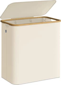 Zolaro Wasmand 3 vakken - Beige - Wassorteerder bamboe - Laundry basket - Wasmand met deksel - 148L — thumbnail 1